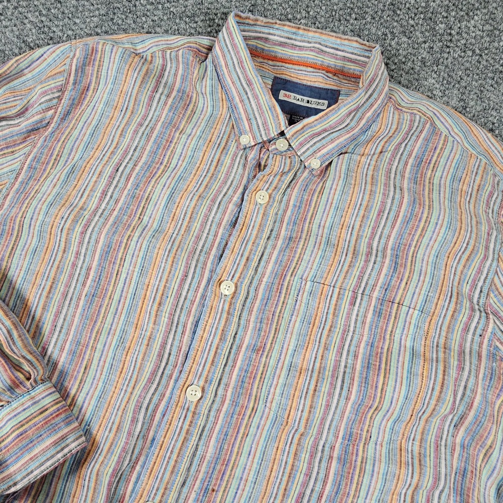 32 Bar Blues Mens‎ XL Multi Color Striped Button Down Shirt Long Sleeve Linen